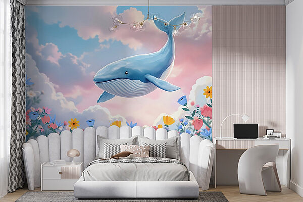 Baleine survolant des fleurs Papier peint Baleine survolant des fleurs