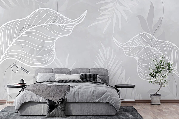 Feuilles blanches sur fond gris Papier peint Feuilles blanches sur fond gris
