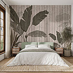 Papier peint Mur en bois avec feuilles et plantes