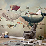 Papier peint Baleine et baleine avec des livres et un livre sur elles