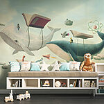Papier peint Baleine et baleine avec des livres et un livre sur elles