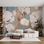 Papier peint Peinture de fleurs blanches et de feuilles brunes
