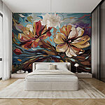 Papier peint Peinture de fleurs sur fond bleu