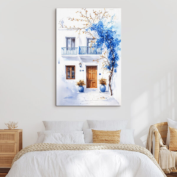 Peinture à l'aquarelle d'un bâtiment avec un balcon et des fleurs bleues Tableaux Peinture à l'aquarelle d'un bâtiment avec un balcon et des fleurs bleues