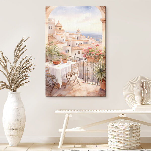 Aquarelle représentant une table et des chaises sur un balcon avec vue sur la ville Tableaux Aquarelle représentant une table et des chaises sur un balcon avec vue sur la ville