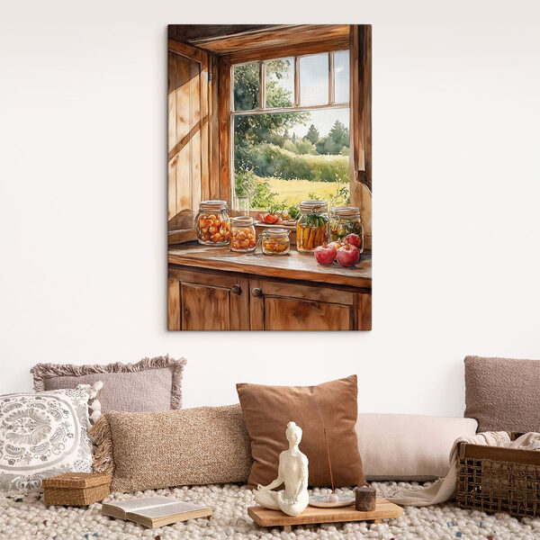 Aquarelle de bocaux de nourriture sur un rebord de fenêtre Tableaux Aquarelle de bocaux de nourriture sur un rebord de fenêtre