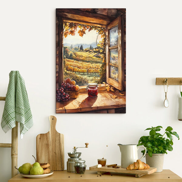 Fenêtre avec vue sur un vignoble et pot de confiture Tableaux Fenêtre avec vue sur un vignoble et pot de confiture