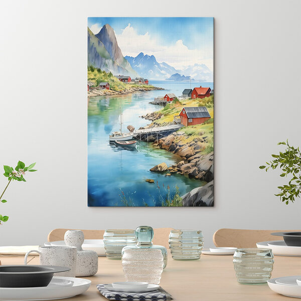 Aquarelle d'une rivière avec un bateau et des maisons sur celle-ci Tableaux Aquarelle d'une rivière avec un bateau et des maisons sur celle-ci