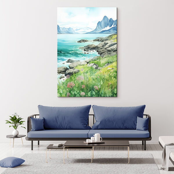 Aquarelle d'un rivage rocheux avec des montagnes et un ciel bleu Tableaux Aquarelle d'un rivage rocheux avec des montagnes et un ciel bleu