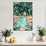 Tableaux Piscine avec chaises et planches de surf au milieu