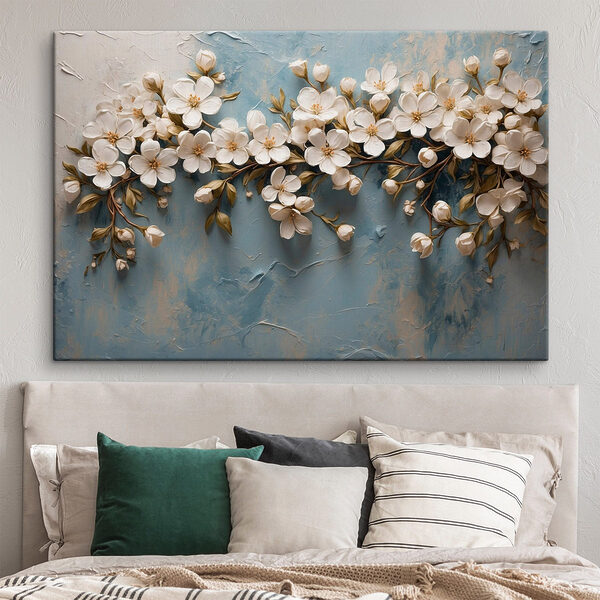 Fleurs blanches sur fond bleu Tableaux Fleurs blanches sur fond bleu