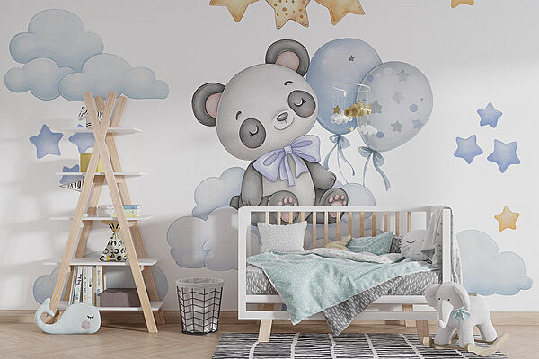 Panda de dessin animé assis sur un nuage avec des ballons Papier peint Panda de dessin animé assis sur un nuage avec des ballons