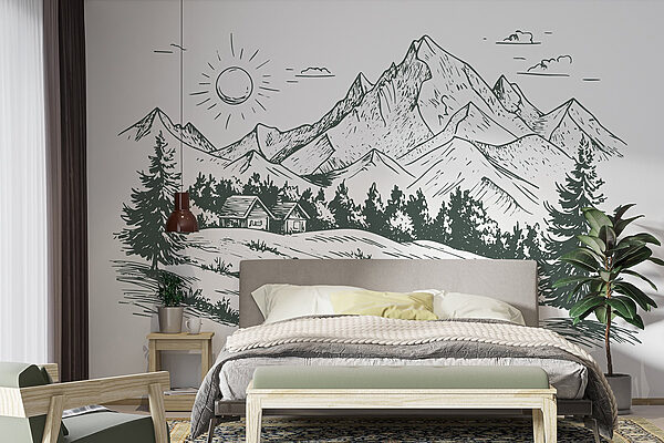 Paysage avec des arbres et une maison Papier peint Paysage avec des arbres et une maison