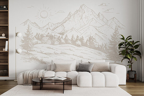 Dessin d'un paysage avec des montagnes et des arbres Papier peint Dessin d'un paysage avec des montagnes et des arbres
