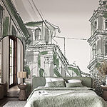 Papier peint Dessin d'un bâtiment avec des cloches