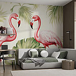 Papier peint Couple de flamants roses avec des feuilles vertes