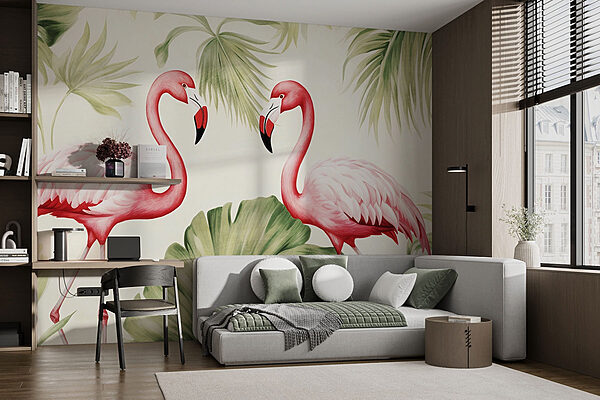 Couple de flamants roses avec des feuilles vertes Papier peint Couple de flamants roses avec des feuilles vertes