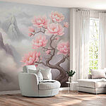 Papier peint Arbre avec des fleurs roses