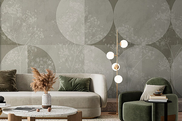 Fond gris et blanc avec des cercles et des fleurs Papier peint Fond gris et blanc avec des cercles et des fleurs