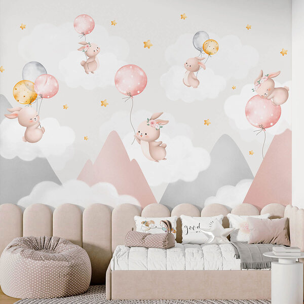 Groupe de lapins tenant des ballons dans le ciel Papier peint Groupe de lapins tenant des ballons dans le ciel