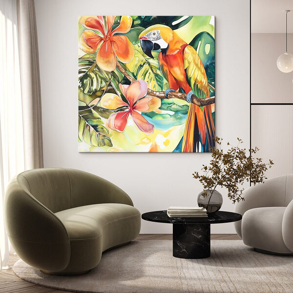Peinture d'un perroquet sur une branche avec des fleurs Tableaux Peinture d'un perroquet sur une branche avec des fleurs