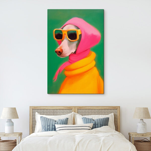 Chien portant une écharpe rose et des lunettes de soleil Tableaux Chien portant une écharpe rose et des lunettes de soleil