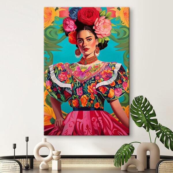 Tableaux Femme portant une robe colorée avec des fleurs dans les cheveux