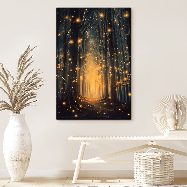 Chemin à travers une forêt avec de nombreux arbres avec des lumières Tableaux Chemin à travers une forêt avec de nombreux arbres avec des lumières