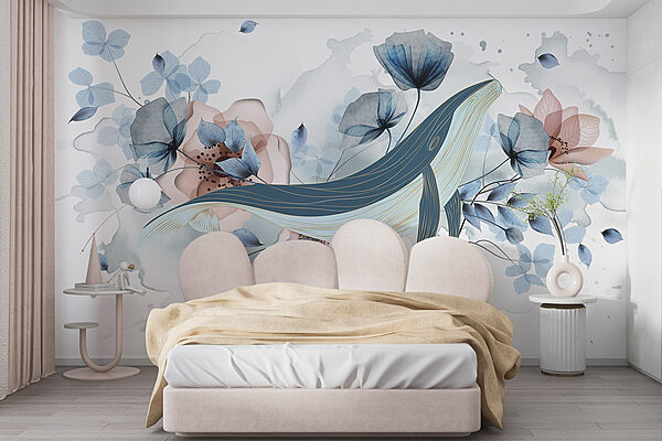 Baleine avec fleurs et feuilles Papier peint Baleine avec fleurs et feuilles