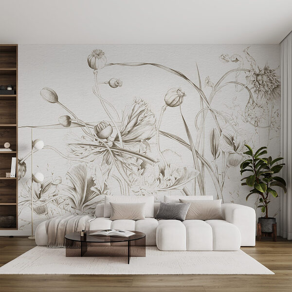 Papier peint Dessin de fleurs et de feuilles