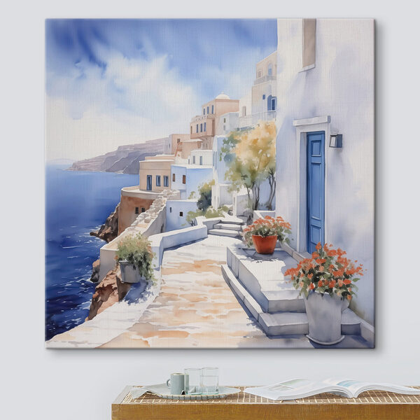 Aquarelle d'un bâtiment blanc avec des portes bleues et des fleurs sur une falaise Tableaux Aquarelle d'un bâtiment blanc avec des portes bleues et des fleurs sur une falaise