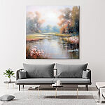 Tableaux Peinture d'une rivière avec des arbres et de l'herbe