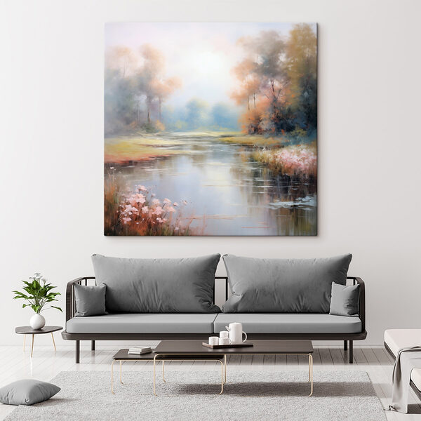 Peinture d'une rivière avec des arbres et de l'herbe Tableaux Peinture d'une rivière avec des arbres et de l'herbe