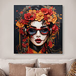 Tableaux Femme avec des fleurs dans les cheveux et des lunettes