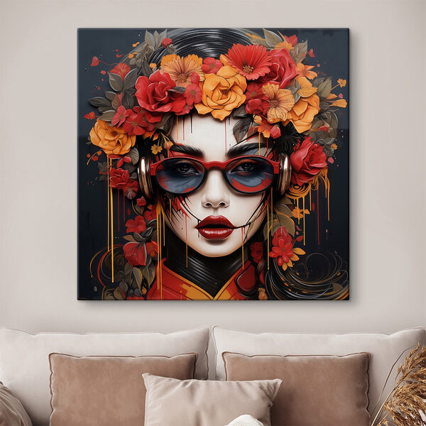 Tableaux Femme avec des fleurs dans les cheveux et des lunettes