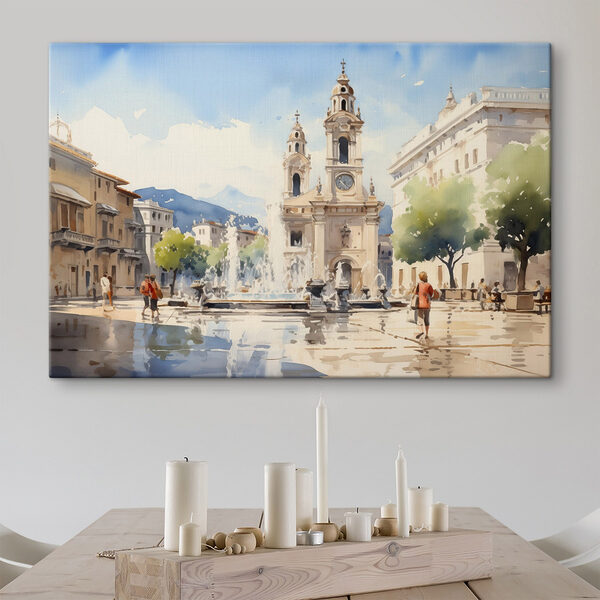 Aquarelle d'un bâtiment avec une fontaine devant celui-ci Tableaux Aquarelle d'un bâtiment avec une fontaine devant celui-ci