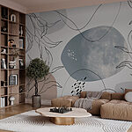 Papier peint Lune et plantes sur fond blanc