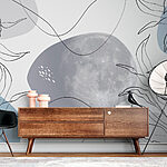 Papier peint Lune et plantes sur fond blanc