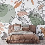 Papier peint Poissons et plantes sur fond blanc