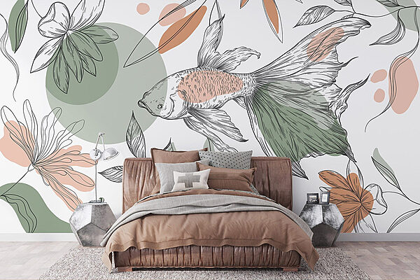 Poissons et plantes sur fond blanc Papier peint Poissons et plantes sur fond blanc