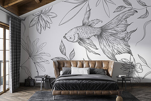 Dessin en noir et blanc d'un poisson et de plantes Papier peint Dessin en noir et blanc d'un poisson et de plantes