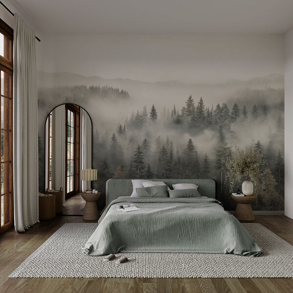 Forêt avec brouillard et montagnes Papier peint Forêt avec brouillard et montagnes