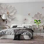 Papier peint Fleurs et papillons en papier blanc sur une surface blanche