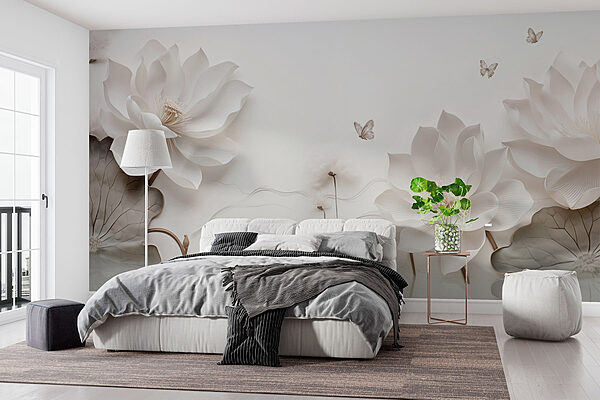 Fleurs et papillons en papier blanc sur une surface blanche Papier peint Fleurs et papillons en papier blanc sur une surface blanche
