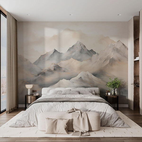 Peinture de montagnes avec nuages Papier peint Peinture de montagnes avec nuages