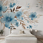 Papier peint Peinture de fleurs bleues et de feuilles brunes