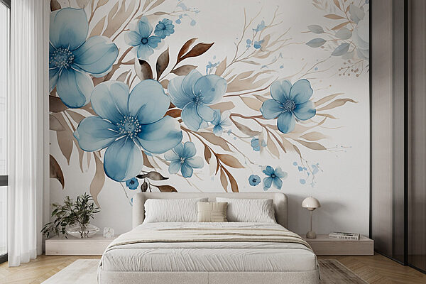 Peinture de fleurs bleues et de feuilles brunes Papier peint Peinture de fleurs bleues et de feuilles brunes