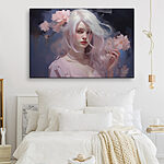 Tableaux Femme aux longs cheveux blancs et aux fleurs roses