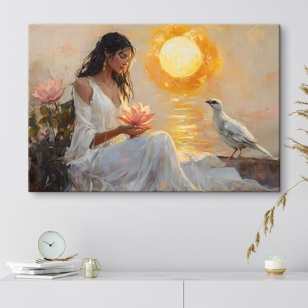 Peinture d'une femme tenant une fleur et un oiseau Tableaux Peinture d'une femme tenant une fleur et un oiseau
