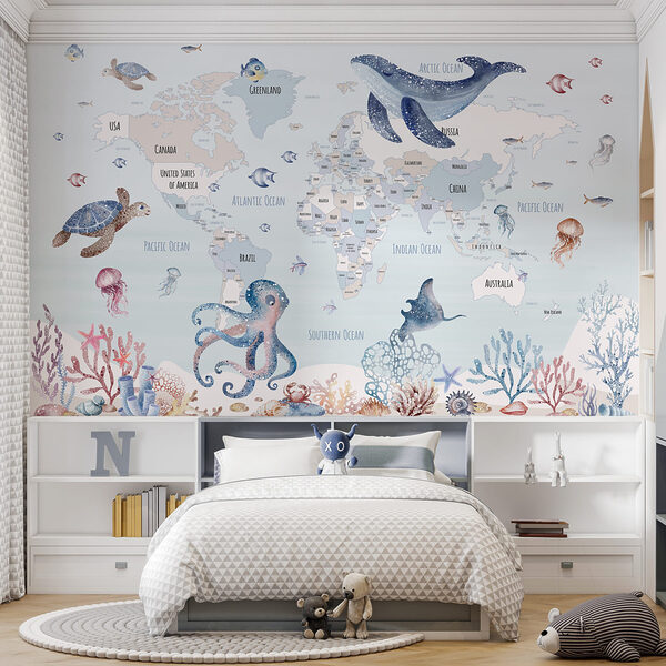 Papier peint Carte du monde avec animaux marins